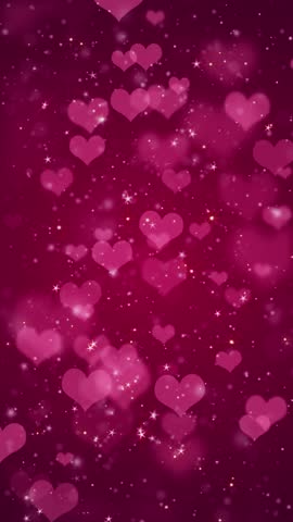 Vertical video - cute pink hearts, shiny stars and glowing glittering particles on dark red gradient background. This shiny romantic Valentine's Day background is full HD and a seamless loop.