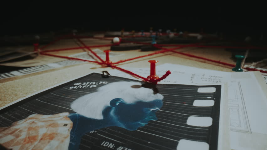 Close-up macro dolly shot detective investigation board, investigative evidence corkboard with suspects photos, negative female mugshot, newspaper articles connected with threads on cork world map