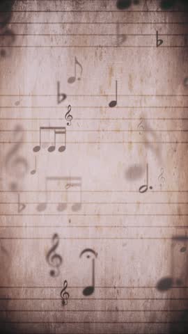 Vertical video - vintage sheet music notation manuscript with staff lines and musical notes gently moving towards the camera. This retro, grunge styled motion background is a seamless loop. Royalty-Free Stock Footage #3444546381