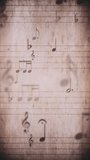 Vertical video - vintage sheet music notation manuscript with staff lines and musical notes gently moving towards the camera. This retro, grunge styled motion background is a seamless loop.