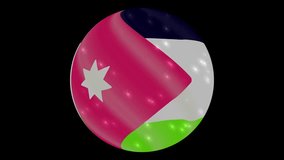 Jordan flag in a round ball rotates. Flicker and shine. Animation loop. Element for web site, presentation, import into video.