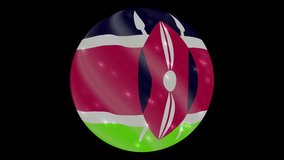 Kenya flag in a round ball rotates. Flicker and shine. Animation loop. Element for web site, presentation, import into video.