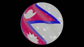Nepal flag in a round ball rotates. Flicker and shine. Animation loop. Element for web site, presentation, import into video.