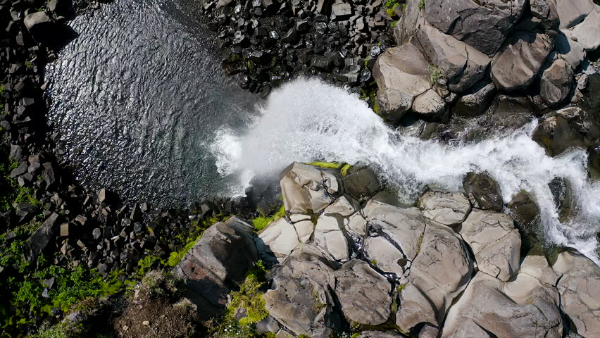 Aerial view of the spectacular Svartifoss waterfall, into the Skaftafell area of Vatnajokull National Park provides visitors with a breathtaking view of Svartifoss (Black Falls).