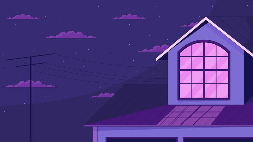 Outside window attic on starry night clouds cartoon animation. Nighttime roof house outdoor 4K video motion graphic. Cottage evening 2D animated background full frame, after hours lofi live wallpaper