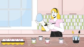 Caucasian girl painting egg Eastertide line cartoon animation. Pre-Easter weekend tradition 4K video motion graphic. Paintbrush holding young woman 2D linear animated character on kitchen background