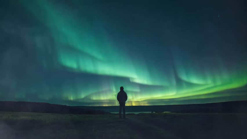 Aurora Borealis or Northern Lights, mountain scenery landscape at night. Great for Relaxing Ambient backgrounds. video looping animation