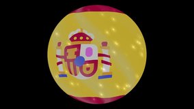 Spain flag in a round ball rotates. Flicker and shine. Animation loop. Element for web site, presentation, import into video.