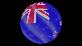 New Zealand flag in a round ball rotates. Flicker and shine. Animation loop. Element for web site, presentation, import into video.