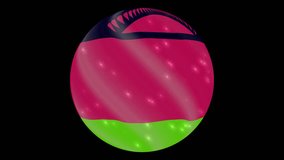 Malawi flag in a round ball rotates. Flicker and shine. Animation loop. Element for web site, presentation, import into video.