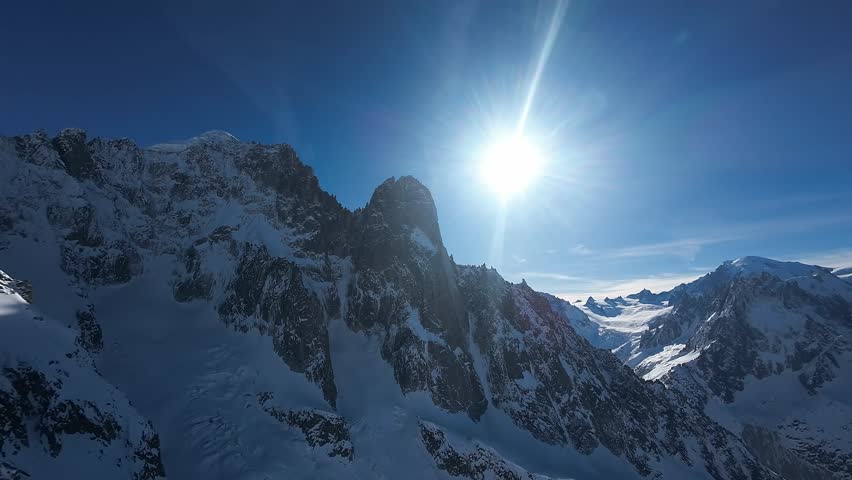 Aerial view, stunning mountain peaks in a clear sunny day, French Alps, near Mont Blanc in Chamonix region