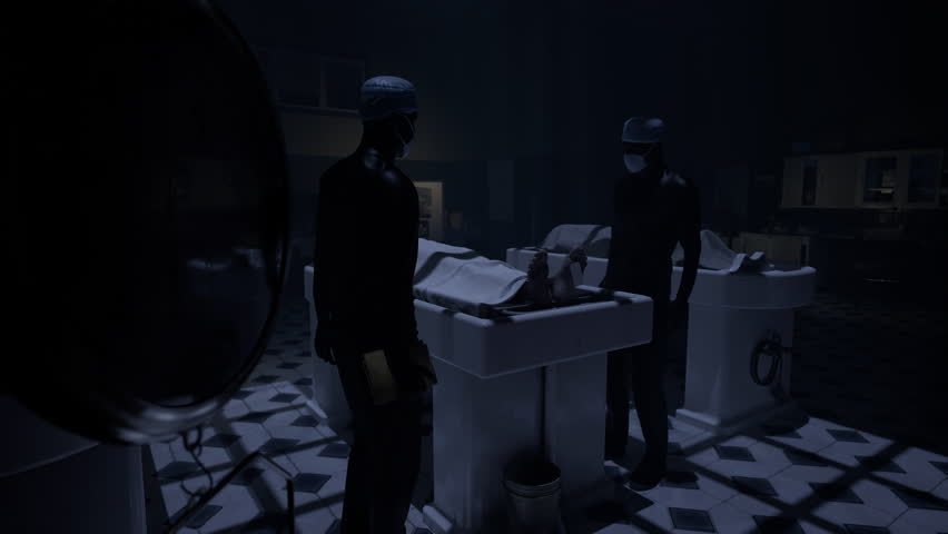 Two doctors standing in fron of a corpse in the morgue and ready to execute an autopsy