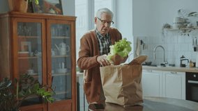 Senior gray-haired man unloading fresh vegetables and bread from paper bag on kitchen table at home after doing food shopping in grocery store - Powered by Shutterstock - Get 15% off with code: PIKWIZARD15