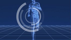 Animation of scanner over cross section of male body running on blue background. Digital interface, ai, science, health, medical research and communication, digitally generated video.