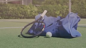 Animation of network of people icons and data over sunset sky and tennis racket and bag on court. Network, data, connection, sport, competition, hobbies and communication, digitally generated video.