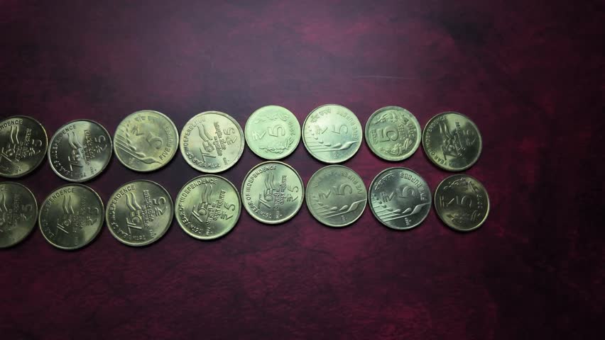 Indian Currency -  5 Rupee Coins - Slow Motion. Royalty-Free Stock Footage #3444826791