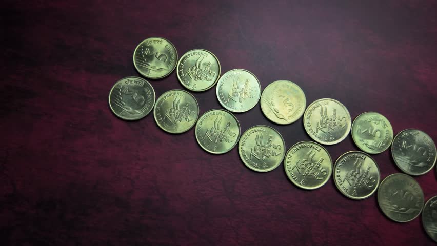 Indian Currency -  5 Rupee Coins - Close Up Shot. Royalty-Free Stock Footage #3444827215