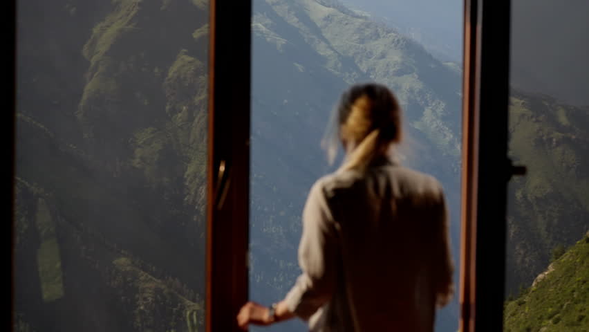 Silhouette of a person gazing out of a window at a mountainous landscape, embodying contemplation.