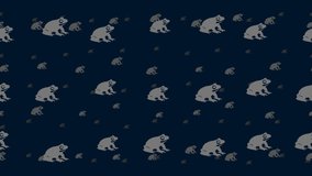 Funny frogs float horizontally from left to right. Parallax fly effect. Floating symbols are located randomly. Seamless looped 4k animation on dark blue background