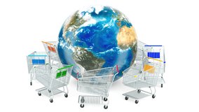 Shopping carts are moving around Earth globe, online shopping concept. 3D rendering isolated on white background. Elements furnished by NASA