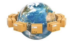Global shipping and delivery concept, parcels rotating around the Earth. 3D rendering isolated on white background. Elements furnished by NASA