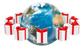 Earth Globe with presents rotating around. Global Christmas and New Year concept. 3D rendering isolated on white background. Elements furnished by NASA