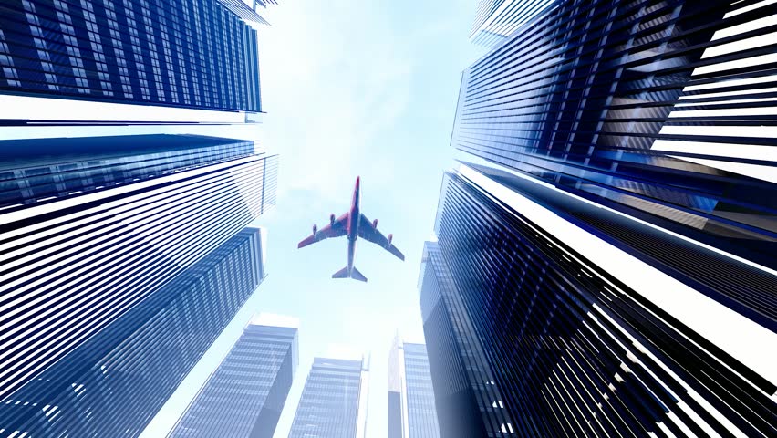 Civilian aircraft flying over the office buildings in the financial center Royalty-Free Stock Footage #3444858195
