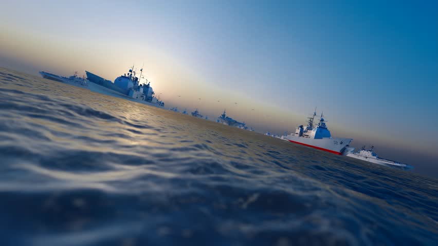 Aircraft carrier formation exercises in the sea