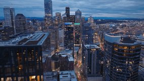 Seattle financial business district at night. Business background at colorful sunset sky. Downtown dusk skyline Washington. Aerial view of sunset skyline Seattle city USA 4K. Cityscape at sunset scene - Powered by Shutterstock - Get 15% off with code: PIKWIZARD15