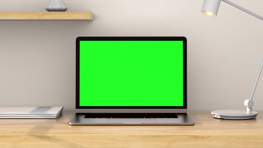 Laptop Green Screen Display Open on Work Room Background Mock-up. Empty Green Monitor Animation for Video Call, Website Template or Game Applications. One Blank Technology Zoom 3D render on Table 4k Royalty-Free Stock Footage #3444908413