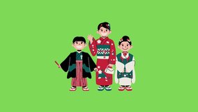 Animation video of greeting Japanese wearing kimono on green screen background