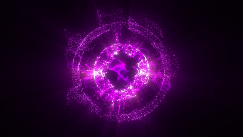 Abstract round violet sphere glowing energetic magical molecule with particle atoms and cosmic dots. Abstract background. 4k looped video, animated design. 3 spheres in 1
