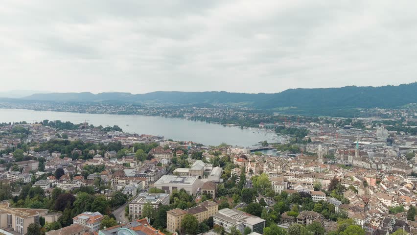 Zurich, Switzerland. Panorama of the city overlooking Lake Zurich. Summer day, Aerial View, Point of interest