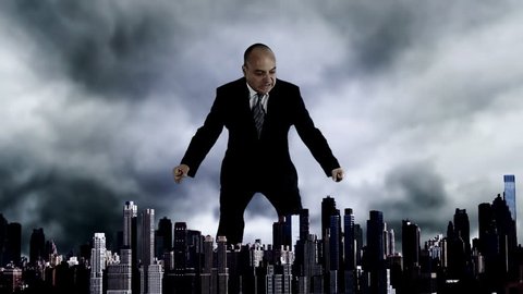 Crazy business man taking over the city, King Kong style, but without follow spots
