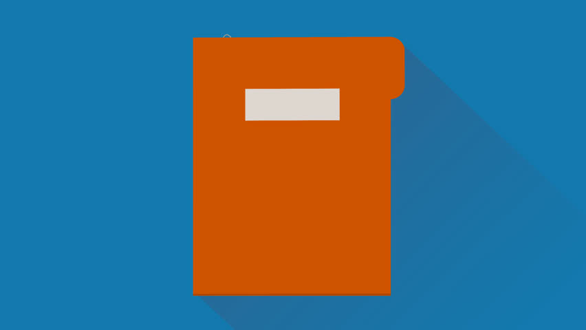 Animation of opening an orange folder with a blank white sheet inside on a blue background with long shadow design