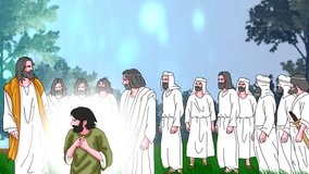 Video of Jesus walked the streets with His disciples walking with Him.
Blind man sitting on the side of the road begging One of Jesus' disciples talks to Jesus and points to the blind man.