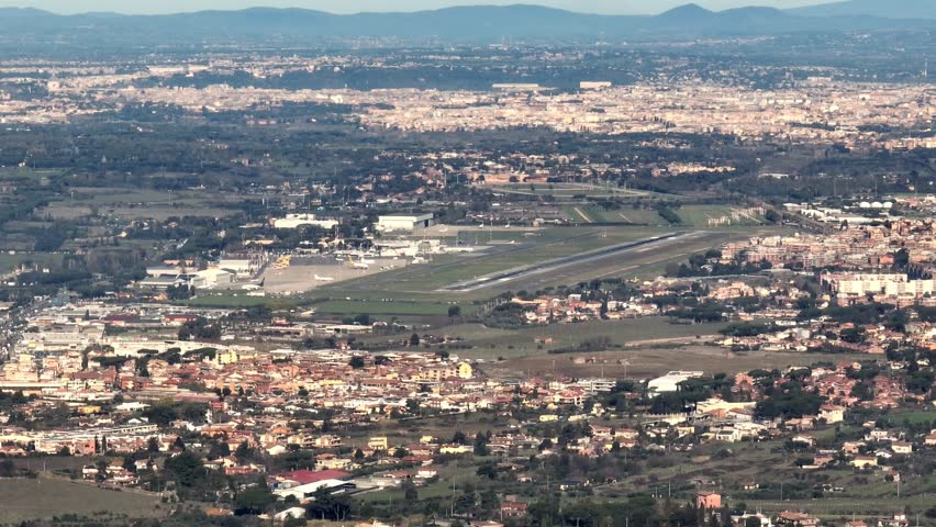 Aerial view of Ciampino civil airport. It is located near Rome, Italy, and is the second airport of the Italian capital.