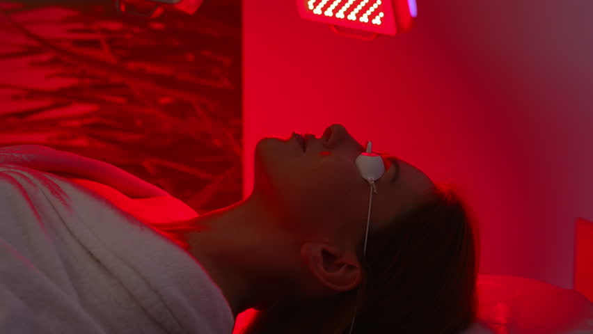 Relaxed female patient undergoes red LED light or RLT therapy for skin rejuvenation at modern innovation aesthetic clinic. Woman client having non-invasive type of phototherapy. Beauty concept.