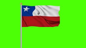 Chile waving pole flag animation on green screen background. 4K