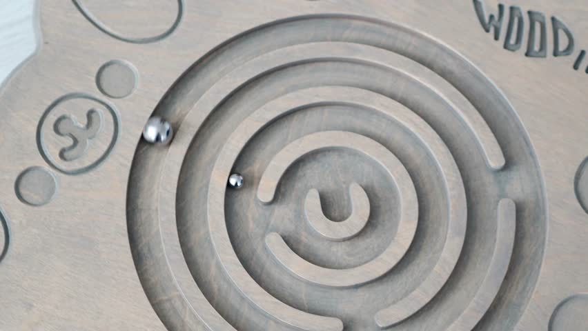 Wooden labyrinth with metal balls. The dog plays in a children