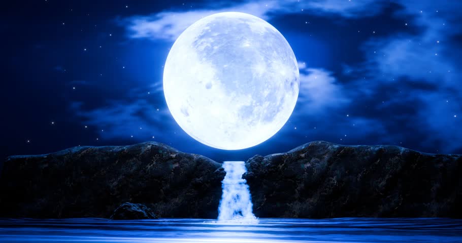 Waterfall cliff. Full moon night. Blue tone. Forest nature. Mountains and waterfalls. Glowing at night. Fantasy style. 3D Rendering