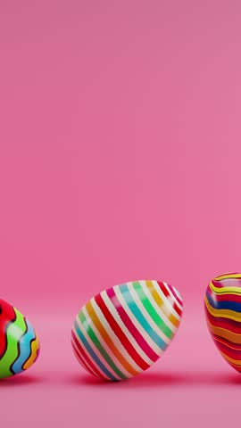 Three colorful striped eggs on pink background with pink background. Vertical looped animation. Royalty-Free Stock Footage #3445030631