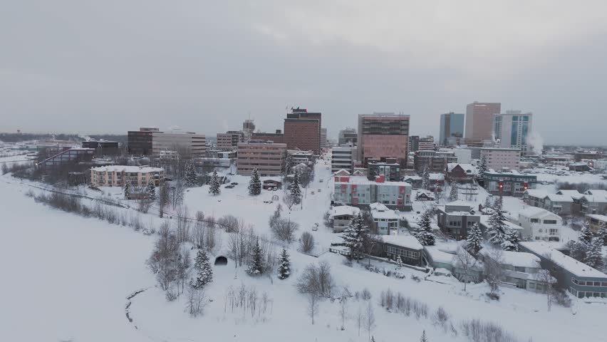 City centre of Anchorage near frozen river bank in Alaska United States