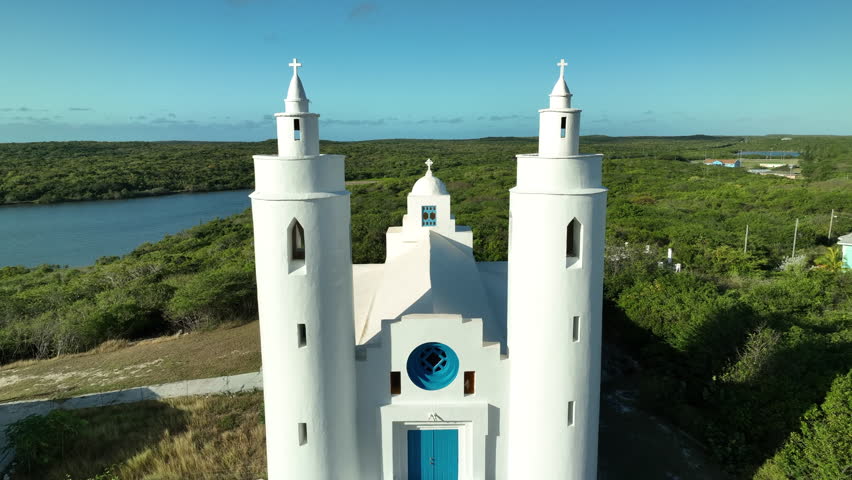 Aerial view: Catholic Church Saint Peters and Saint Paul, Long island, Clarence Town, Bahamas