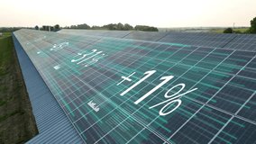 Solar panels on a farm rooftop display power levels, harnessing energy sustainably in the USA. Aerial close up with animated percentages and charts on chicken house barn. - Powered by Shutterstock - Get 15% off with code: PIKWIZARD15