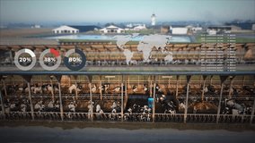 Agritech data charts overlay a modern dairy farm, tracking cattle and productivity. Aerial truck shot with motion graphics of graphs and data analytics. - Powered by Shutterstock - Get 15% off with code: PIKWIZARD15