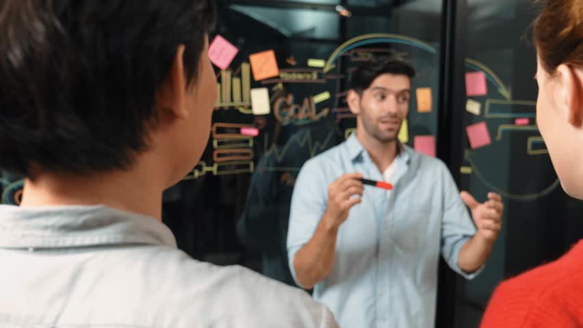 Professional manager explaining business plan to expert investors. Smart businessman sharing, presenting marketing strategy. Leader pointing at mind map and sticky notes on glass wall. Tracery Royalty-Free Stock Footage #3445172977
