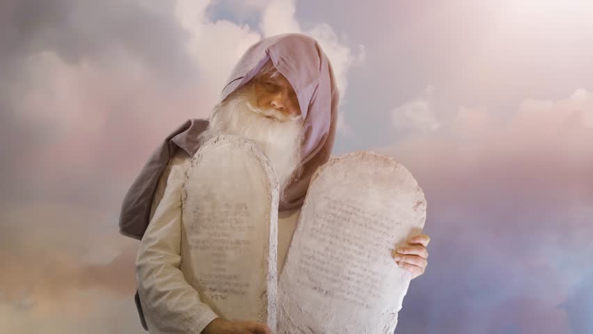 prophet Moses holds the tablets with the ten commandments (The tablets contain a quote from the Bible, in Hebrew, translates as Do not take a life , Follow God