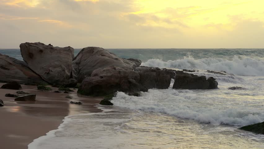 Crashing Waves at Twilight on Bouldered Beach