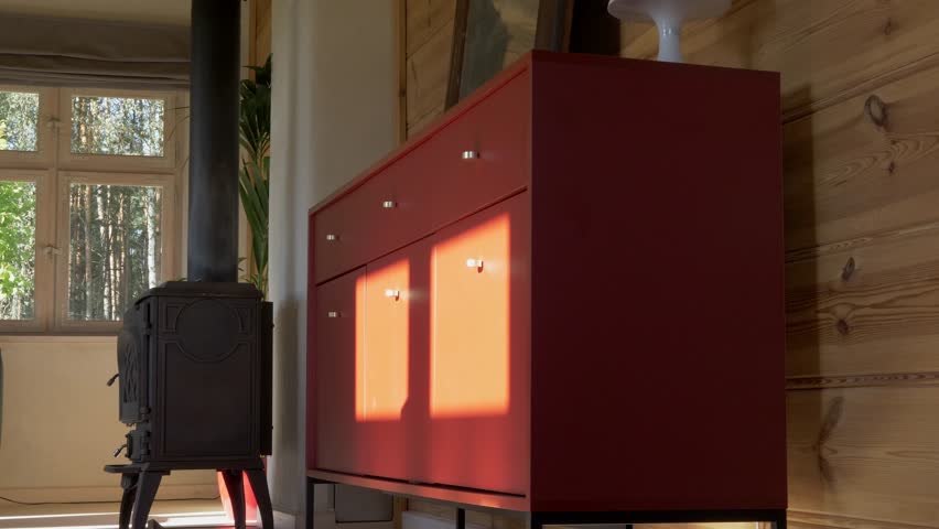 cozy wooden house inside cabinet light and shadow stove close up dolly